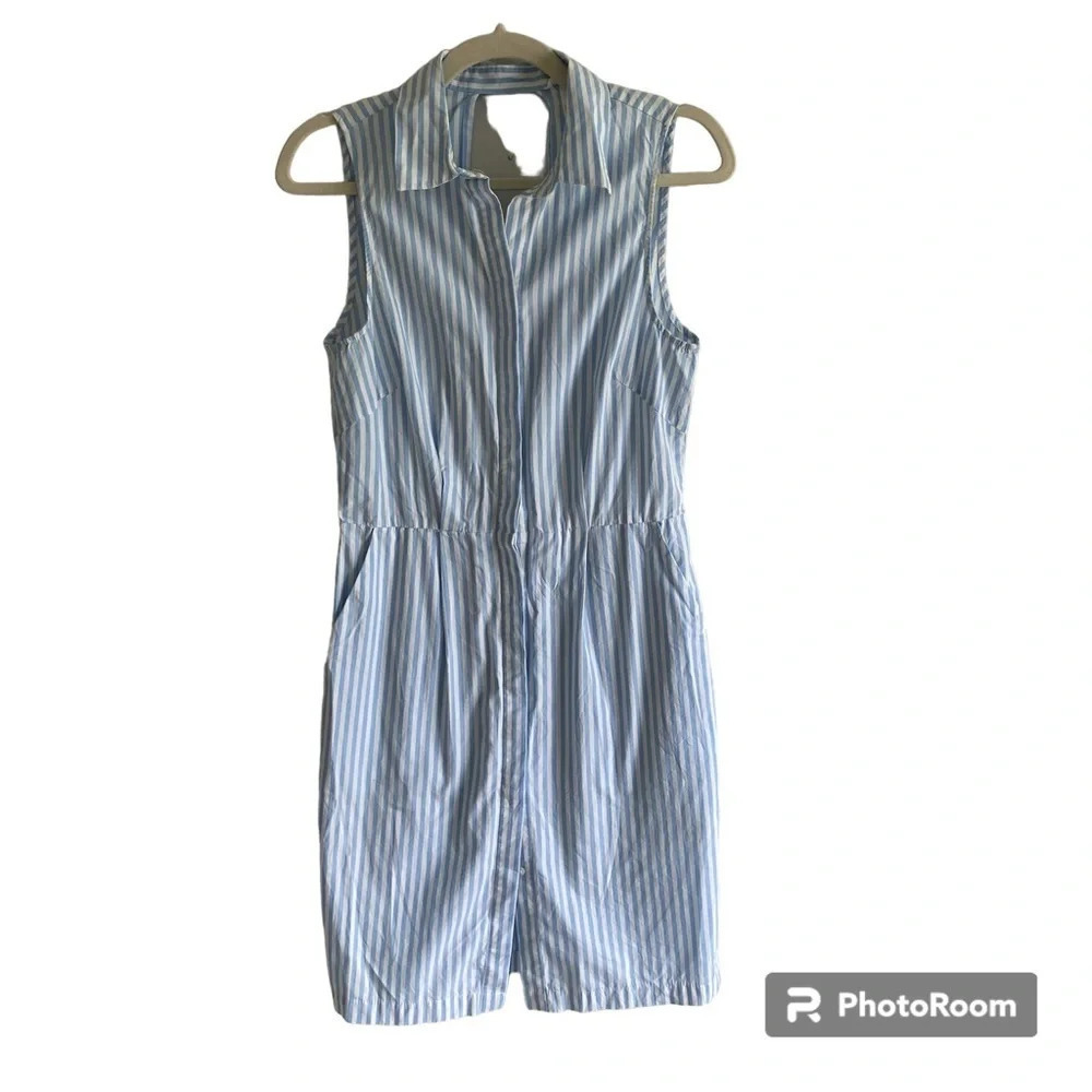 H&M 100% Cotton Striped Blue White Collared Preppy Open Back Mini Dress Size 6